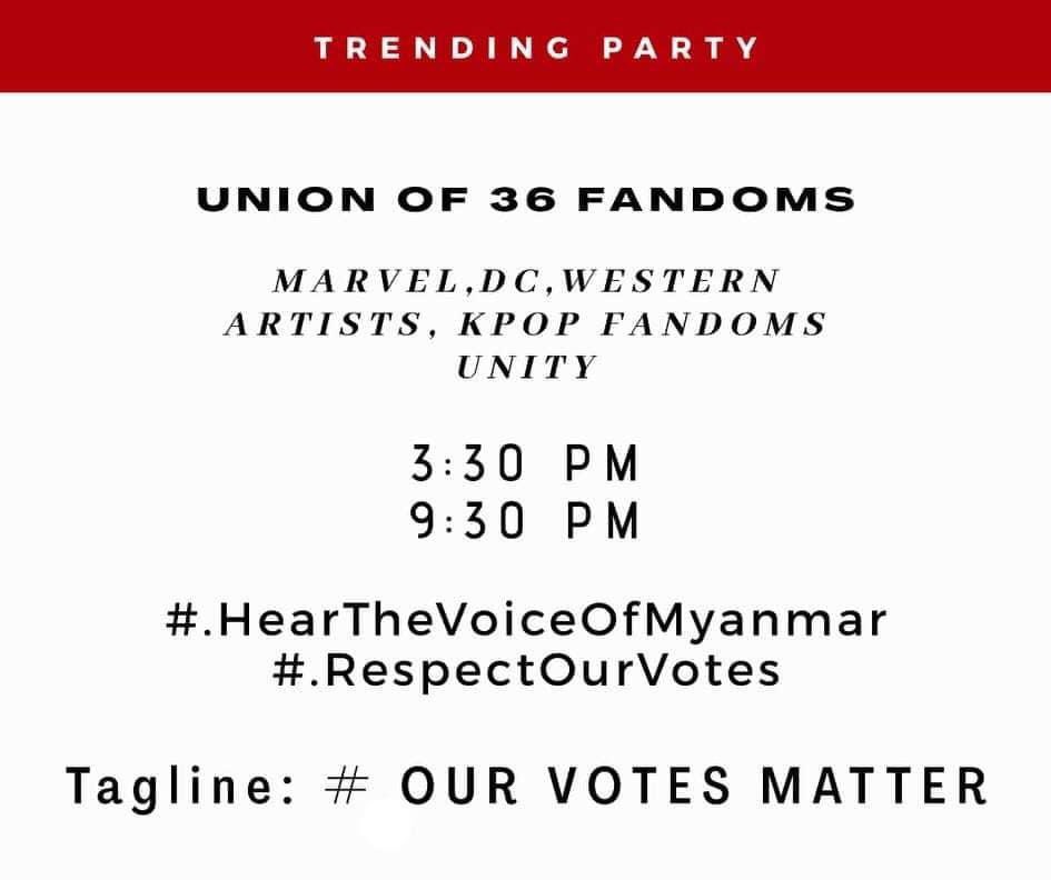 Worldwide Trend ဝင်ဖို့အတွက် Location တွေကို Myanmar တင်မဟုတ်ဘဲ UK USA အစရှိသဖြင့် ပြောင်းလဲပြီး Tweet ပေးကြပါ။ ဒီနေ့ နေ့လည် 3:30 နဲ့ ည 9:30 တို့မှာ mass tweet လုပ်ကြပါမယ်။ မတိုင်ခင်မှာ အသုံးမပြုကြပါသေးနဲ့ဦး။ အရင်ရက်ကသုံးခဲ့တဲ့ Hashtags တွေမသုံးကြပါနဲ့တော့ ပုံထဲကအတိုင်းသုံးပါမယ်။