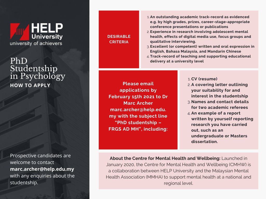 Fully funded PhD studentship opportunity at the Centre for Mental Health and Wellbeing. Please take a look and share with anyone who you think might be interested. Closing date for applications: February 15th, 2021.