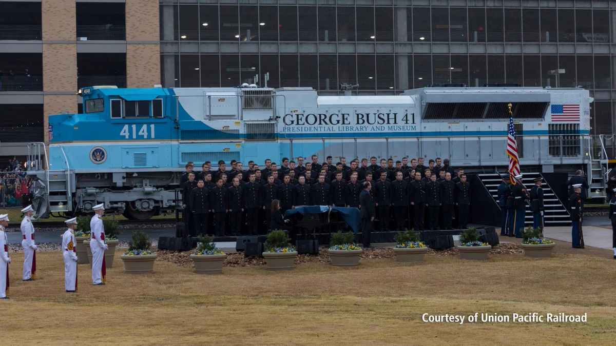 Historic Union Pacific No. 4141 Engine painted to match Air Force One at the funeral location of President George H W Bush in 2018. Photo courtesy of Union Pacific Railroad.