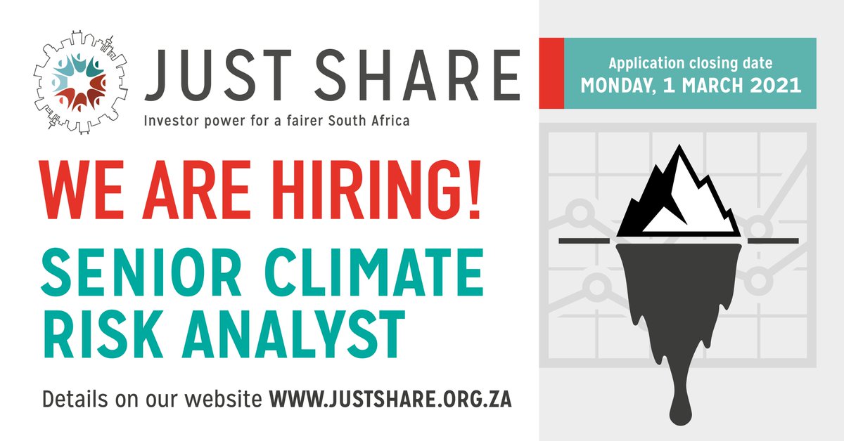 JustShareSA's tweet image. We are seeking a technically competent, experienced climate risk analyst with a deep understanding of South Africa’s social and economic injustices. Join our team to help drive climate action &amp;amp; support the transition to a low-carbon, sustainable economy: tinyurl.com/4dbjd5s7