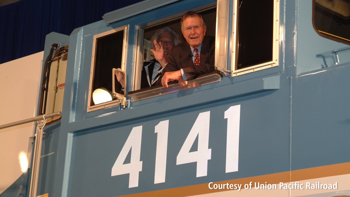 tamusystem's tweet photo. 2/3 The locomotive painted to match Air Force One, will arrive in College Station this spring for a permanent home at the museum, and both milestones are a part of a multi-million dollar expansion being planned by the George and Barbara Bush Foundation. #Honoring41 https://t.co/DuFkHWeHhe