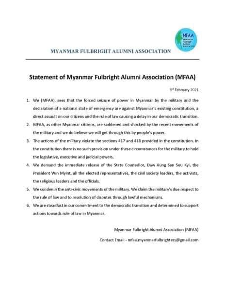 KhinWinMyat's tweet photo. "Myanmar Fulbright Alumni Association has issued the statement today on the current situation of military coup in Myanmar."  #FulbrightAlumni #Fulbright https://t.co/vZT4RqUjsa