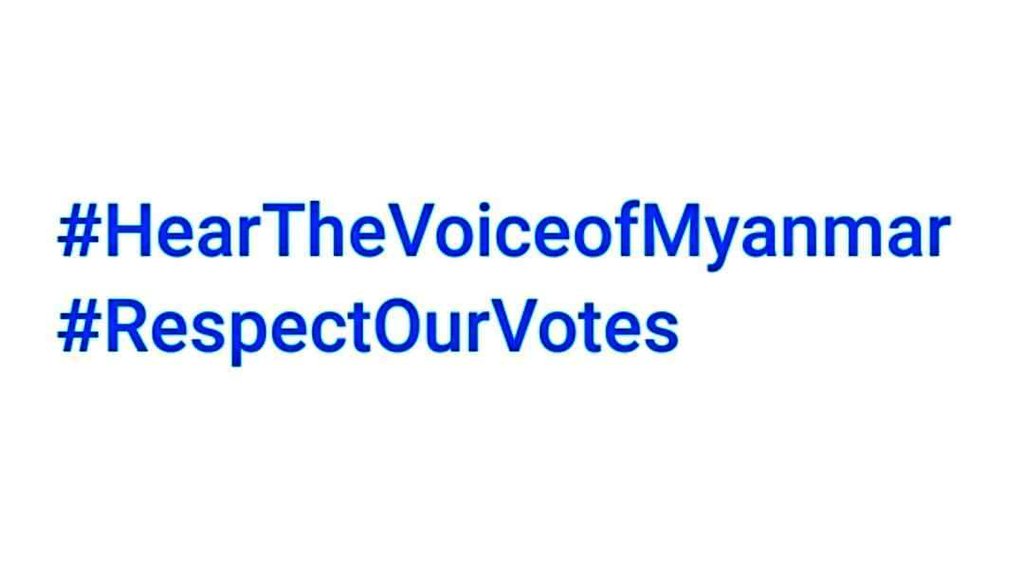 ဒီနေ့အတွက် ဒီ # နှစ်ခုကို အဓိက ထားပြီး tweet ပေးကြပါ။အင်တာနက်က ဘယ်အချိန် ပိတ်ချလိုက်မလဲ မပြောနိုင်ပါဖူး။လုပ်လို့ရတုန်း တတ်နိုင်တာမှန်သမျှ ဆက်လုပ်ကြပါ။
#HearTheVoiceOfMyanmar
#RespectOurVotes