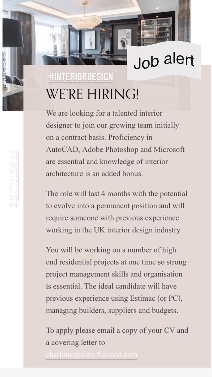 tusolondon's tweet photo. Job Alert 🚨Hiring

Interior Design Role:

Employer: Sixty 3 London

Send CV + portfolio to charlotte@sixty3london.com

#tusolondonjobs https://t.co/gpT8tycAMO