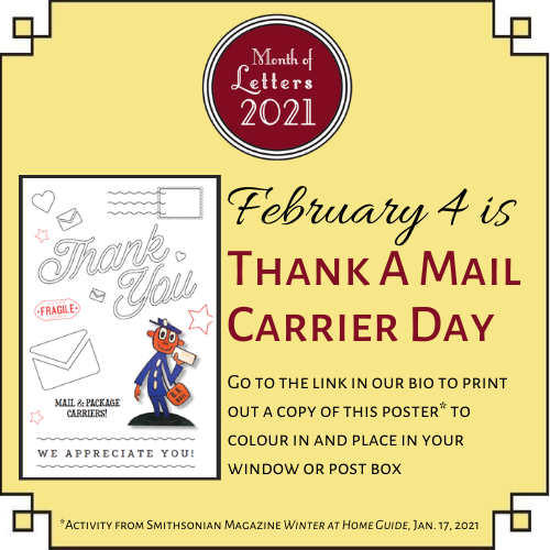LetterMonth's tweet photo. February 4 is THANK A MAIL CARRIER DAY!
Thrilled to have seen @SmithsonianMag
Winter at Home Guide for this fun activity that's perfect for today. Visit to download a copy https://t.co/Q0yLnW5MAM
#LetterMo #LetterMo2021 #ThankAMailCarrierDay https://t.co/vy1VBocmEF