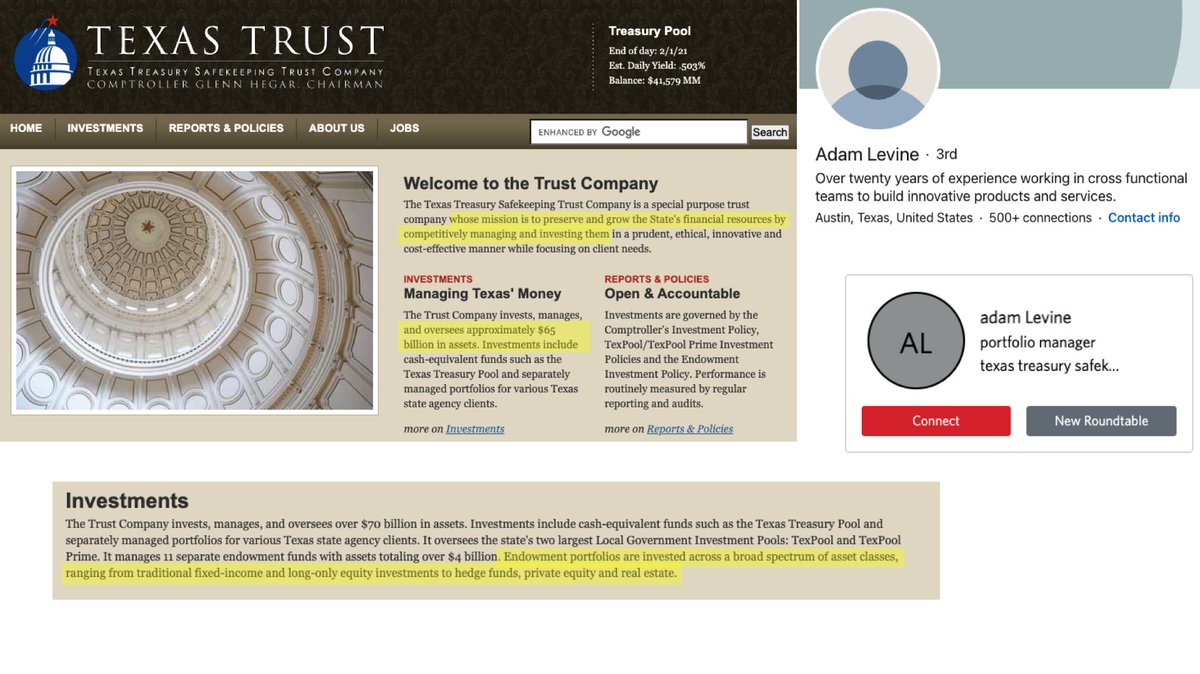 Texas Trust.This one was most interesting to me. $65-70B in assets, and they invest in a broad spectrum of asset classes. Texas buying Bitcoin?