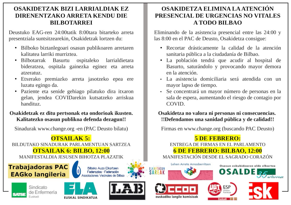 🔴 DEUSTUKO ETENGABEKO ARRETA GUNEA EZ ITXI!
📢 Osasungintza publiko eta duina!
⚠️ 𝗟𝗔𝗥𝗨𝗡𝗕𝗔𝗧𝗘𝗔𝗡 𝗠𝗔𝗡𝗜𝗙𝗘𝗦𝗧𝗔𝗭𝗜𝗢𝗔 BILBON.

🔵 NO AL CIERRE DEL PAC DE DEUSTO!
📣 Sanidad pública y digna!
⚠️ EL 𝗦𝗔́𝗕𝗔𝗗𝗢 𝗠𝗔𝗡𝗜𝗙𝗘𝗦𝗧𝗔𝗖𝗜𝗢́𝗡 EN BILBO.
#PACDeustoBizirik