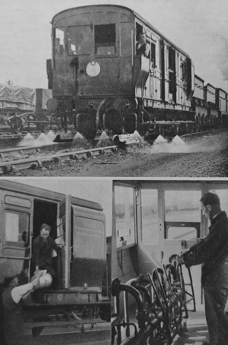 TurnipRail's tweet image. A Southern Railway weed-killing train, 1937. In a search for efficiencies, such equipment was first introduced by the company in 1931. This 8 vehicle type from 1936 could spray 128 miles in one go and every year travelled 1,000 miles.