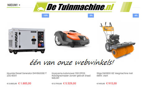 Makkelijk en veilig winkelen via onze webwinkels.

Heeft u vragen over een machine of advies nodig bij het kiezen van de juiste machine voor uw werkzaamheden? 

Wij zijn elke werkdag van 8-17u te bereiken op 035-6423358 en op zaterdag van 9-15u of via info@dbsmaaitechniek.nl