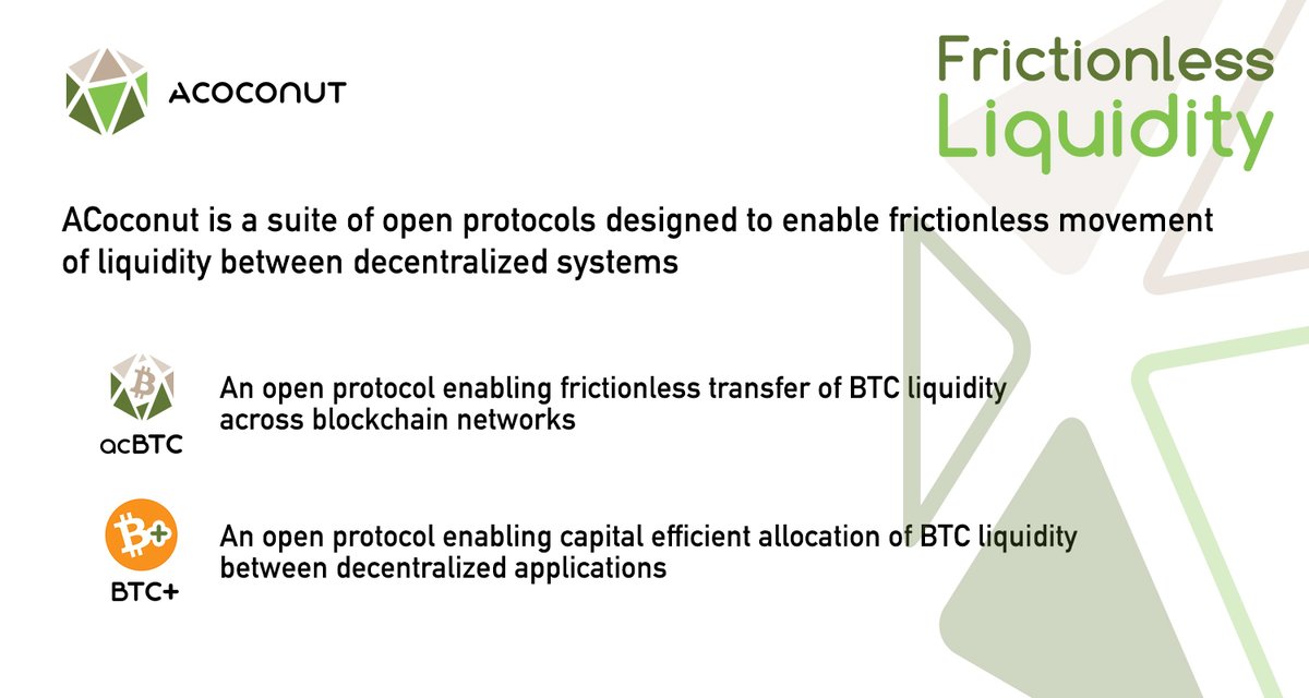 Unveiling ACoconut, the chassis behind  #acBTC,  #BTC  +,  $AC and a vision to realize frictionless liquidity in a decentralized economy!With the redefined vision, we are extremely thrilled to introduce BTC+ to the ACoconut protocol suite. A thread 