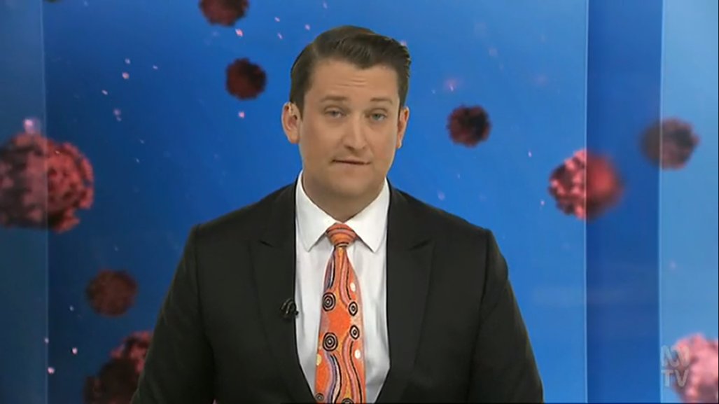 I struggled to get a good screenshot of  @Dan_Bourchier tonight. The uniform of black suit/white shirt/Indigenous-themed tie looks good as usual. The overly-styled hair? Not so much.  #GenderBalancingClothingCommentary  #ABCcanberra