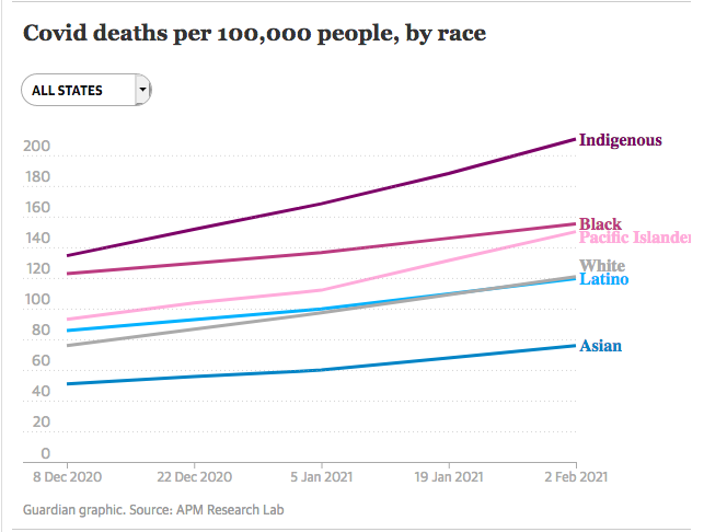 "Covid deaths per 100,000 people, by race"