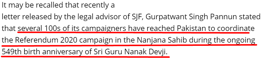 In July'19 Pro-Khl org Sikh For Justice (SFJ) calls for "Referendum 2020". As per SJF American-based lawyer Gurpatwant Singh Pannun, Ref20 will be initiated at Kartarpur Sahib, Pakistan in Nov'19 on 550th birth anniversary. 2/6