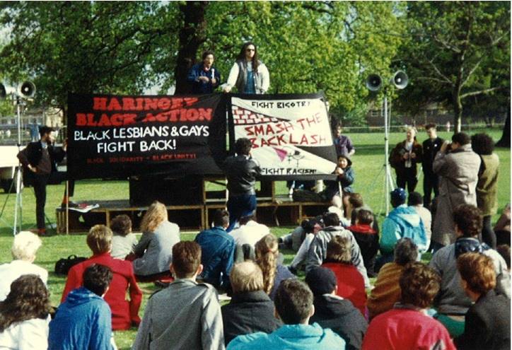 ✊🌈LGBT+ HISTORY MONTH DAY 4🌈✊
The first UK demonstration to highlight the stories of black lesbians and gay men, organised by Haringey Black Action and Positive Images, Harringay 1987. 

Photo credit; Simon Collins.