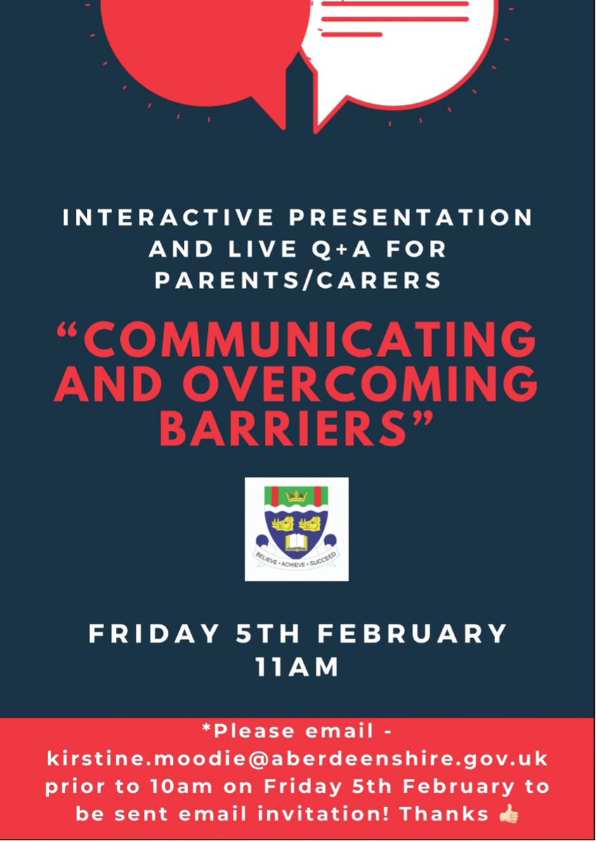 Aboyne Academy Parent Council (@aboyneparent) on Twitter photo *Advance Notice – Parents/Carers – Join us tomorrow for a presentation and live discussion and discussion focusing on Communication and Overcoming barriers. Info here and in pic: bit.ly/3oQCNjc <a href="/aboyneacad/">Aboyne Academy</a> #TimeToTalk *Advance Notice – Parents/Carers – Join us tomorrow for a presentation and live discussion and discussion focusing on Communication and Overcoming barriers. Info here and in pic: bit.ly/3oQCNjc <a href="/aboyneacad/">Aboyne Academy</a> #TimeToTalk