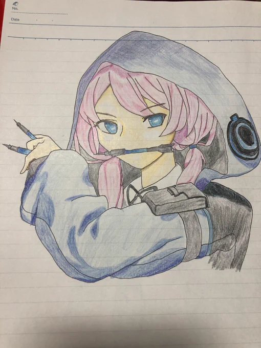 練習3アズリウス下書きは思い切って消しゴムかけて微調整が重要。下書きの下書きをした方が良いかも?ペン入れ前の練り消しを忘れ、無事右肩とフードの目玉?が崩壊する。ホワイト買い忘れで修正不可。ぴったり合う色が中々無くて妥協しまくる。アズリウス描きやすいから練習しよ 