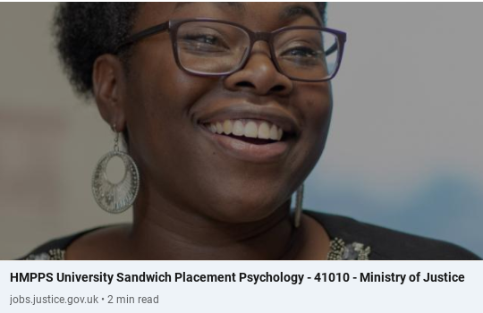 For some of our early career listeners ... sandwich placements available for students. A number of locations across the county. Do take a look.

jobs.justice.gov.uk/?s=psychology&…