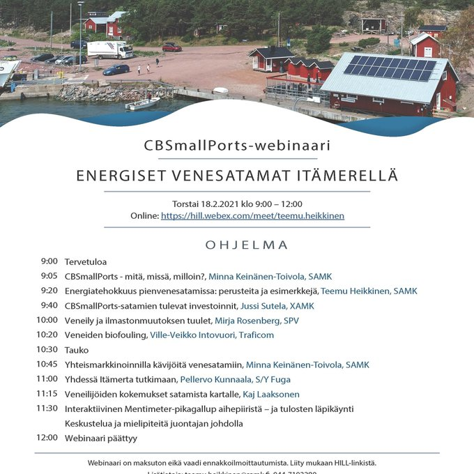 CentralBaltic's tweet photo. Save the date! Our project #CBSmallPorts is organizing an online webinar on 18 Feb 2021. Join and learn how the project will improve the energy #efficiency of #smallports and what are the latest news in the field of #boating. The webinar is in Finnish. @sub_samk https://t.co/ecoUzdHt6P