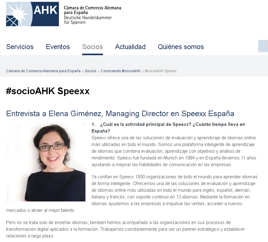 AHK_es's tweet photo. 🎙️Elena Giménez, Managing Director de Speexx España: "La situación actual ha acelerado la transición de la formación presencial tradicional a la formación digital" #ConociendoSocioAHK
👉🏽https://t.co/i1kPOC6qzN https://t.co/nsU0zJg6yM