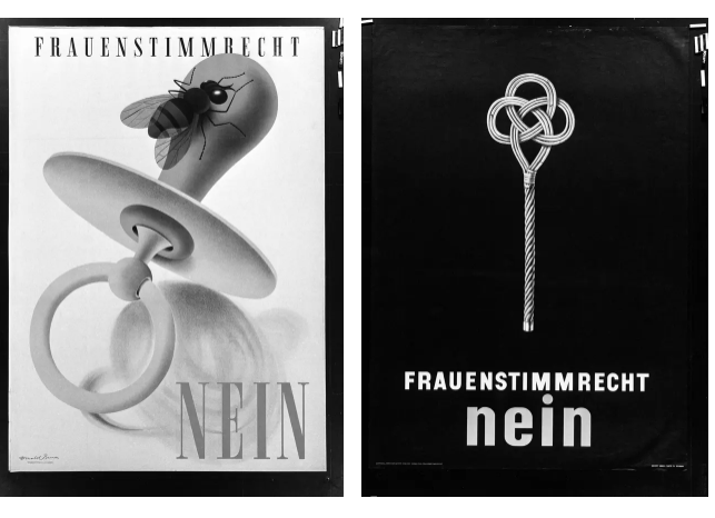 But while many European women got the vote by 1918 (at least partially), Swiss women still looked at posters like this after WWII: (Both examples from 1946, via NZZ:  https://www.nzz.ch/schweiz/50-jahre-frauenstimmrecht-so-haben-die-kampagnen-ausgesehen-ld.1590339)