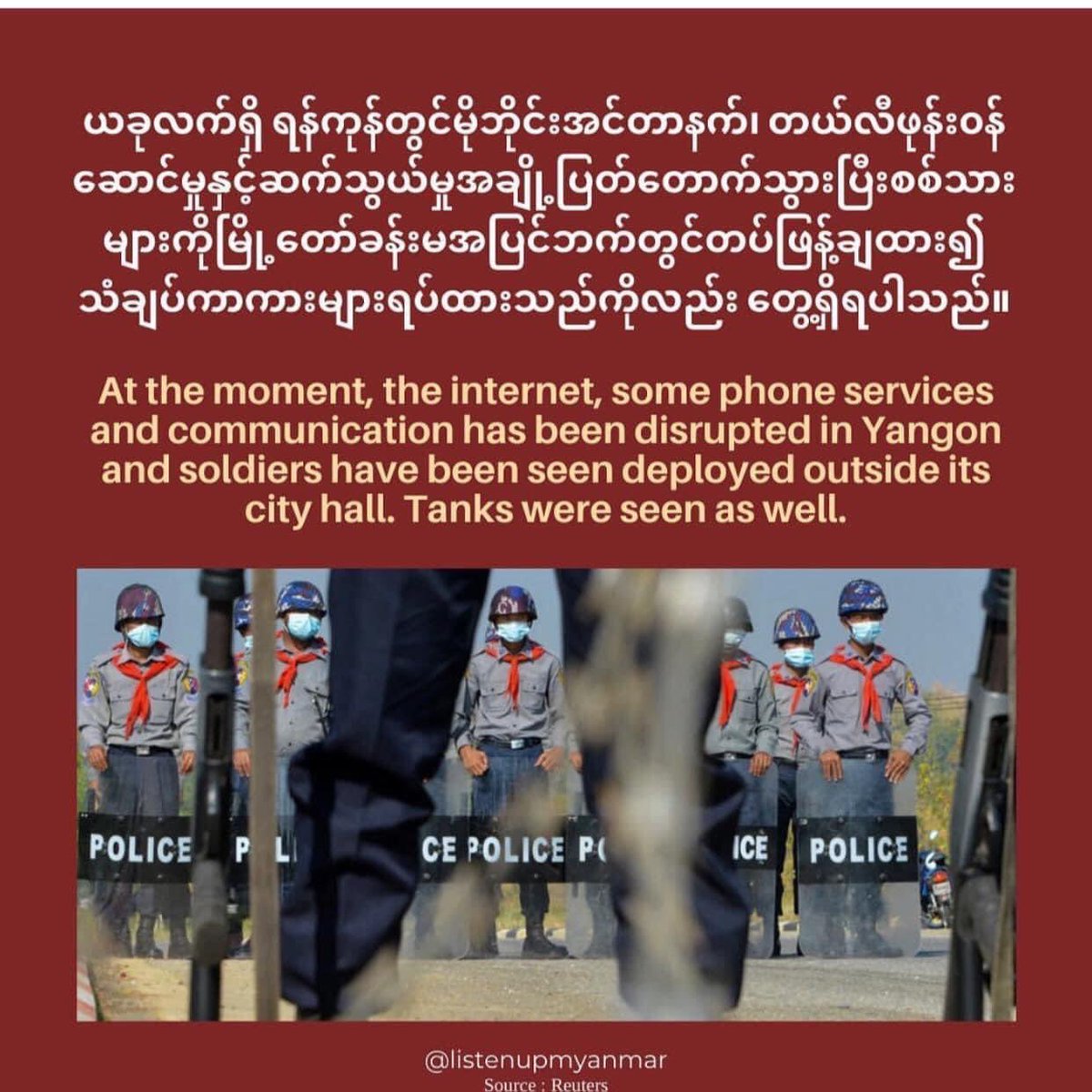 Minnercle's tweet photo. I will keep tweeting abt military coup in my country.
Pls feel free to unfollow me.
I only have this acc. Can’t nitpick where to post when our lives are on the line.
I need to use all chances and channel to voice out. 
I’m desperate for life, for freedom.
#HearTheVoiceOfMyanmar https://t.co/lD2KXCYLrF