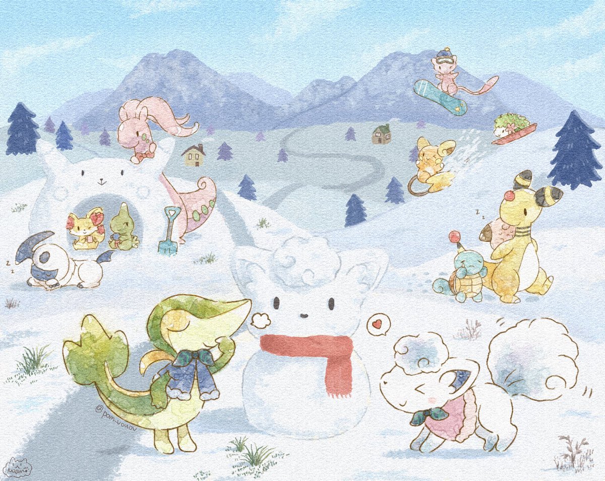 ポケモン「ポケモンたちの雪遊び⛄
Pokemon playing in the snow 」|Mion🌱デザフェスB-318のイラスト