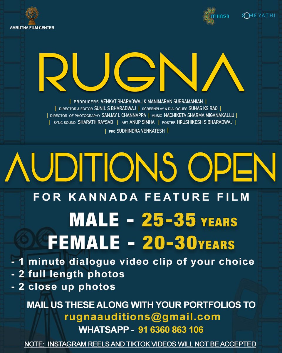 suhasksrao's tweet photo. Audition call for our Feature Film "RUGNA"
More details in the poster.
PS - This is not a Short Film
#FilmTwitter #AmazonPrimeVideo #CheckOnFeb19th #DBoss #Dogecoinarmy #FarmersProtest #RihannaSupportsIndianFarmers #kanganaharamihai #VikrantRonaOnBurjKhalifa #rugna #rugnathefilm https://t.co/dCR370402V