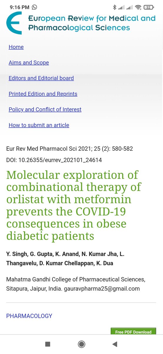 Excited to share our latest study on COVID-19 infection and SARS Co V-2  treatment option with combination of two drugs metformin and orlistat in obese diabetic patients Impact factor 3.024
europeanreview.org/article/24614
@dinesh_kumar78 <a href="/Kam_Dua/">Kamal Dua</a> <a href="/gauravpharma25/">Gaurav Gupta</a> @