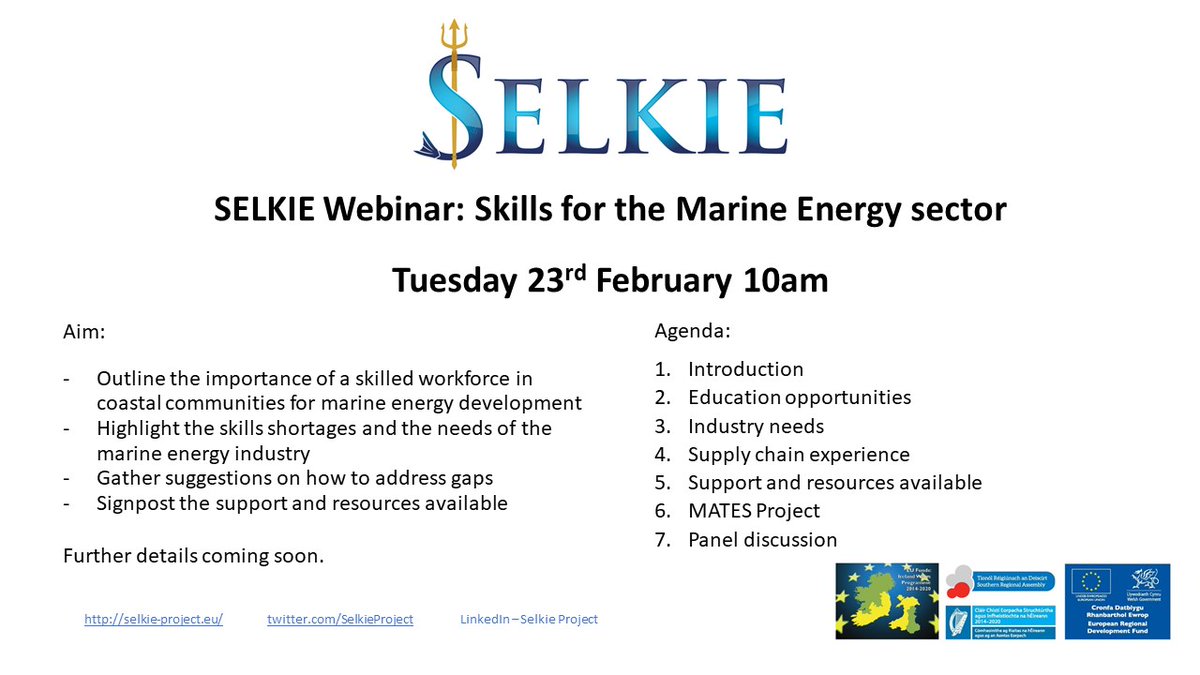 Join us for the next webinar in the Selkie supply chain series - Skills for the #MarineEnergy sector. Tuesday 23rd February at 10am. For more information visit our website: bit.ly/3qZsdYv To register: bit.ly/3iRTZ6p