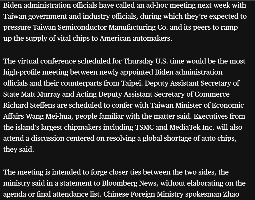 17/ Indeed, to show how quickly this situation is moving, the Biden administration will be twisting the knife at a meeting **tomorrow** with TW's regime by pushing TSMC and MediaTek to cancel their German orders and put US automakers at the front of the line