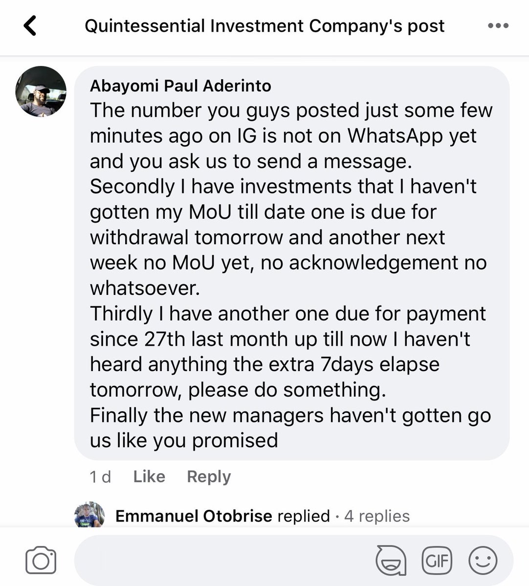 It would have been bearable if there was any communication. No phone call, No email, No chat, They removed the comment section on Instagram, they were not replying the comments on Facebook, they stopped replying DMs etc NADA! #quintinvestmentpayyourinvestors