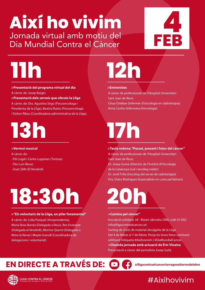 ReusTodayCAT's tweet photo. Avui, amb motiu del #DiaMundialContraElCancer, la @LligaCancerTGN ha organitzat una jornada virtual. Del 4 al 7 de febrer també tenen previst fer una caminada virtual solidària. Per si us interessa participar-hi. #WorldCancerDay https://t.co/NZzeMPZFYr