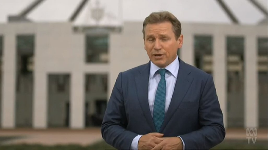 I'm sorry for the timing of the screenshot,  @andrewprobyn, but you should be sorry for the uneven short sleeves. The suit/shirt/tie combo works, but can we see it with a white shirt next time for comparison?  #GenderBalancingClothingCommentary  #ABCcanberra