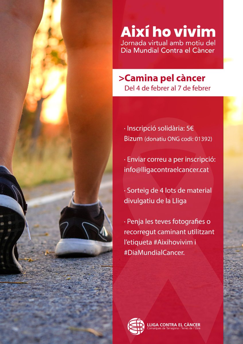 Avui, amb motiu del #DiaMundialContraElCancer, la <a href="/LligaCancerTGN/">Lliga Contra el Càncer Tarragona i Terres Ebre</a> ha organitzat una jornada virtual. Del 4 al 7 de febrer també tenen previst fer una caminada virtual solidària. Per si us interessa participar-hi. #WorldCancerDay