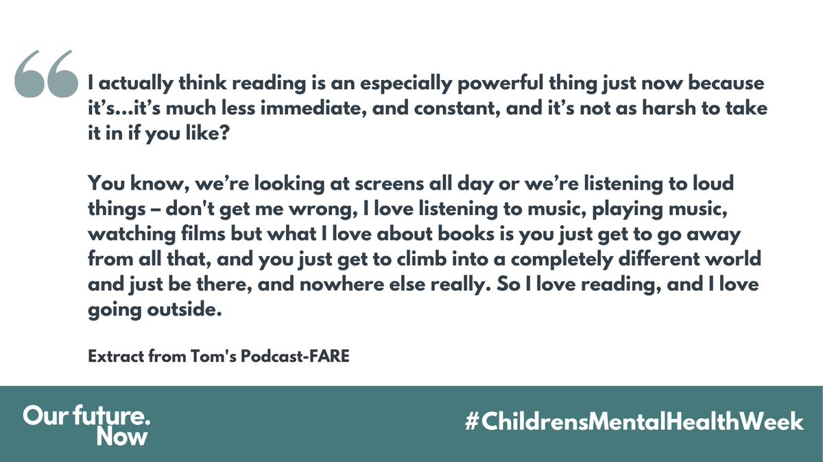 We are proud of the <a href="/OurFuture_Now/">Our Future Now</a> portfolio &amp; the work they do to support #youngpeople. 

For #ChildrensMentalHealthWeek we thought it was important to share the voice of a young person. See👇an extract from Tom's @FARE_Scotland podcast on how #reading helps his #mentalhealth