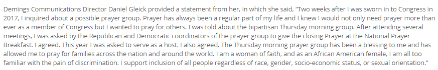 Closing prayer from  @RepValDemings, who gave us the following statements last year and this year, about her participation despite The Family's activities.