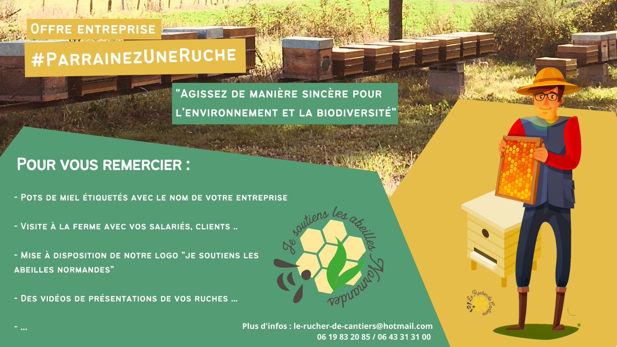 gajd_p's tweet photo. Si vous engagiez votre #entreprise dans une démarche SINCERE pour l'#environnement ?Cette année le Rucher de Cantiers, vous propose de parrainer une ruche ! 🐝🍯#RSE #biodiversite  
@LVMH @lorealfrance @SanofiFR @TotalPress (on ne sait jamais🙄)➡️le-rucher-de-cantiers@hotmail.com https://t.co/gkBmd1UOVC