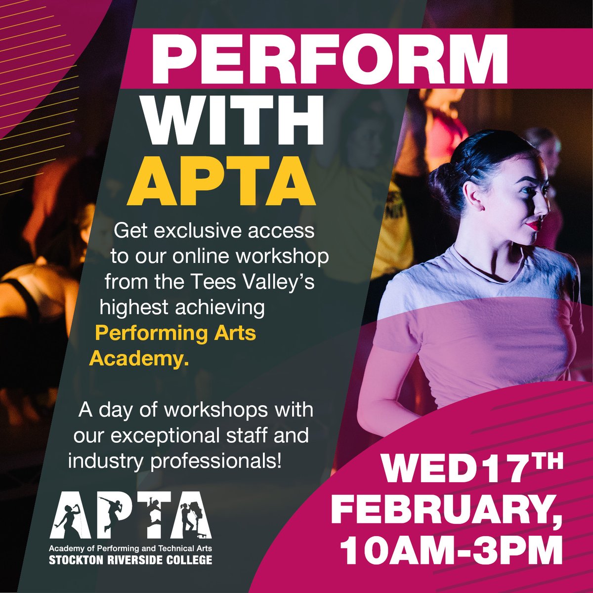 Want the chance to experience the highest achieving performing arts academy in the Tees Valley for yourself?

Join us on 17th February 2021 for our Perform with APTA workshop.

Tickets available here: ow.ly/81qU30rvzas