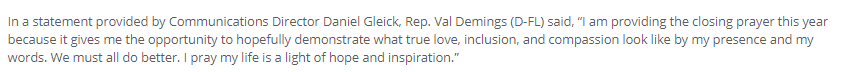 Closing prayer from  @RepValDemings, who gave us the following statements last year and this year, about her participation despite The Family's activities.