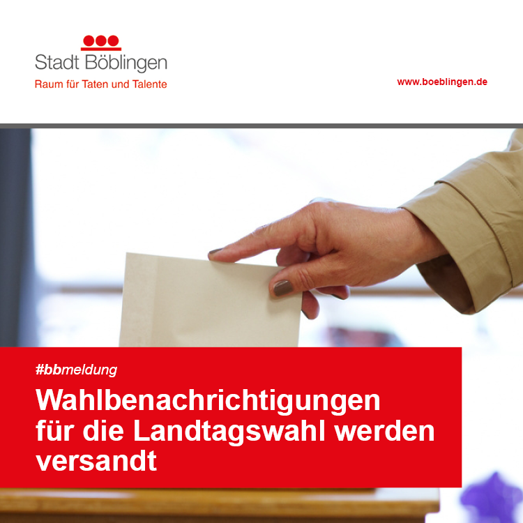 #bbmeldung: Wahlbenachrichtigungen für die Landtagswahl werden versandt ✅ 

Aktuell werden in Böblingen die Wahlbenachrichtigungen für die Landtagswahl am 14. März 2021 versandt. Alle Infos: boeblingen.de/wahlen2021.

#stadtbb #stadtböblingen #böblingen #dagersheim