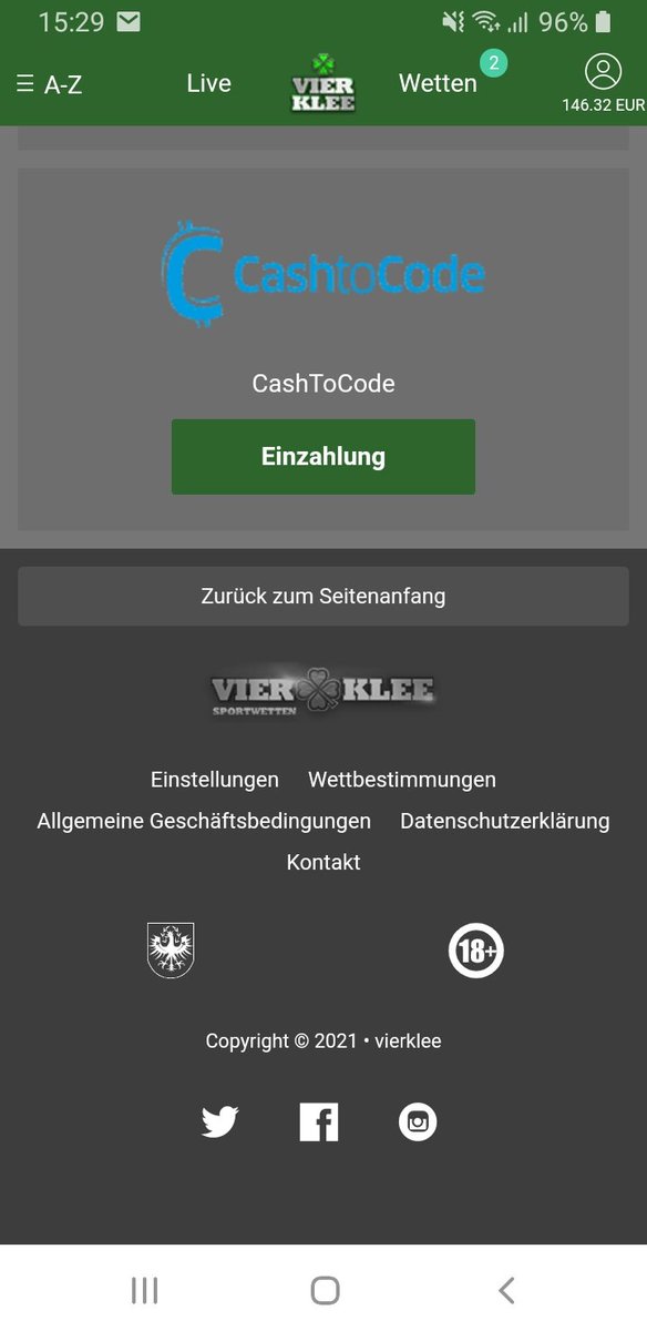 Ab sofort mit Cash2Code Einzahlunen. vierklee-wetten.com