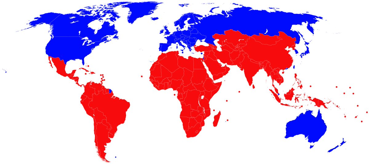 one common mistake people make is they compare a wealthy european country to say, cuba, and conclude that capitalism is superior. but this is false, you have to include colonialism or modern globalization which puts the global south(red) at a disadvantage & makes the north richer