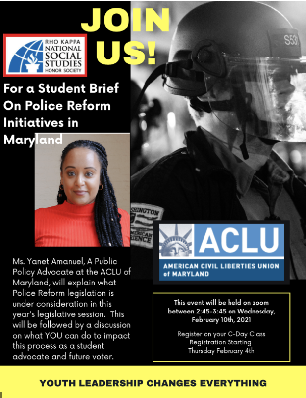 ohhsrhokappa's tweet photo. Please join us next Wednesday, February 10th, when @TheeAdvocate_  of the @ACLU_MD will brief @OHHSClippers students about Police Reform legislation being considered by the Maryland Legislature.  #WeSale #RhoKappa https://t.co/QozeByfge4