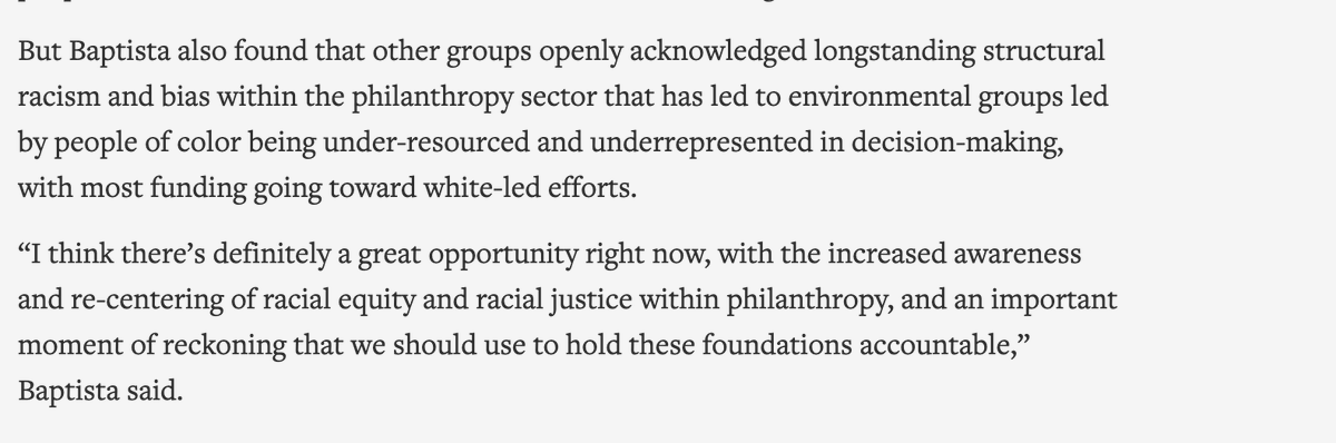  @ProfAnaBaptista , who led the Tishman study, said foundations gave several reasons as to why they weren't funding POC-led orgs. But some openly acknowledged longstanding legacy of structural racism & bias within the philanthropy sector as a dominant factor.