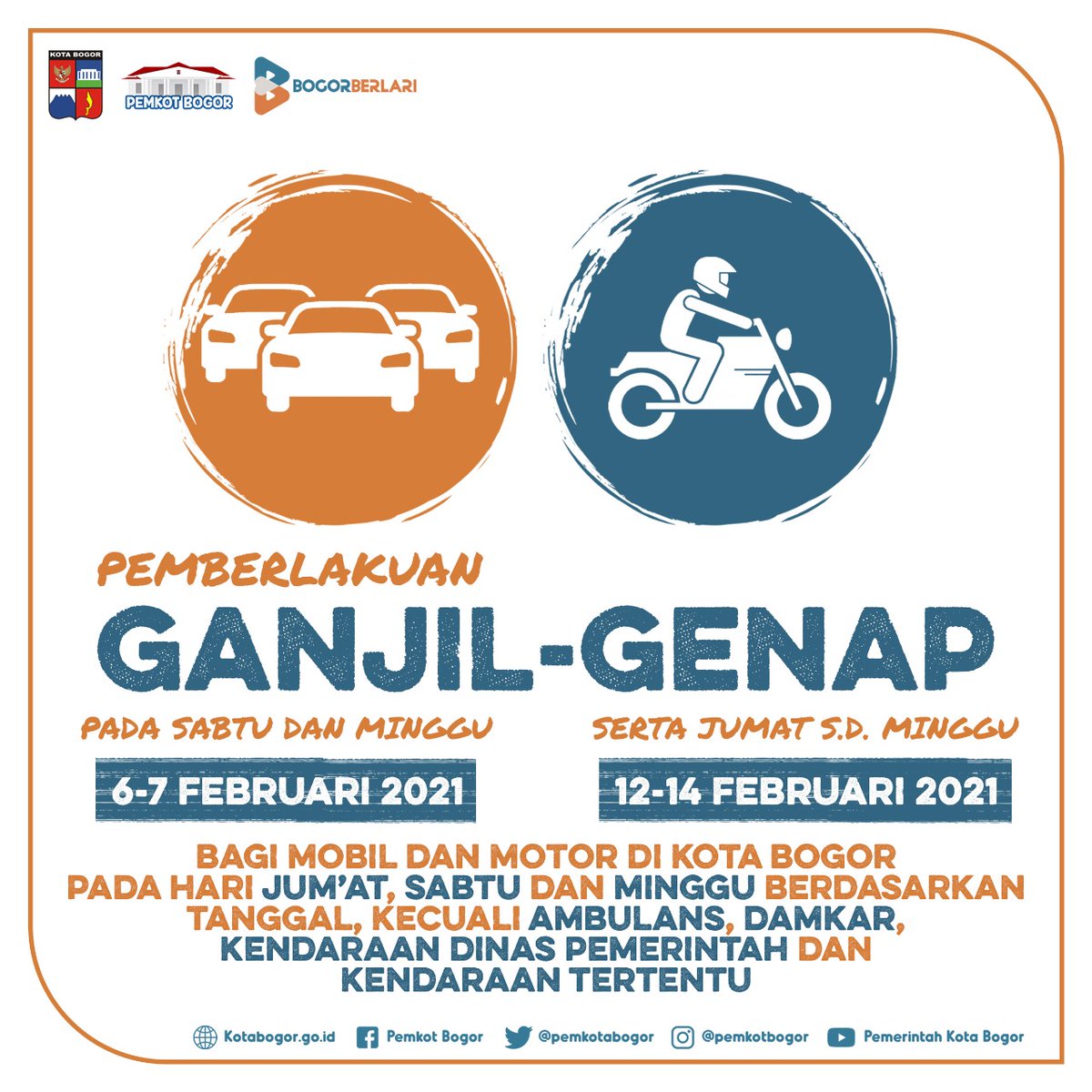Pemberlakuan Ganjil - Genap pada Sabtu dan Minggu tanggal 6 - 7 Februari 2021 serta Jumat sampai dengan Minggu tanggal 12 - 14 Februari 2021.

#pemkotbogor #bogorberlari #bogorlawancovid19