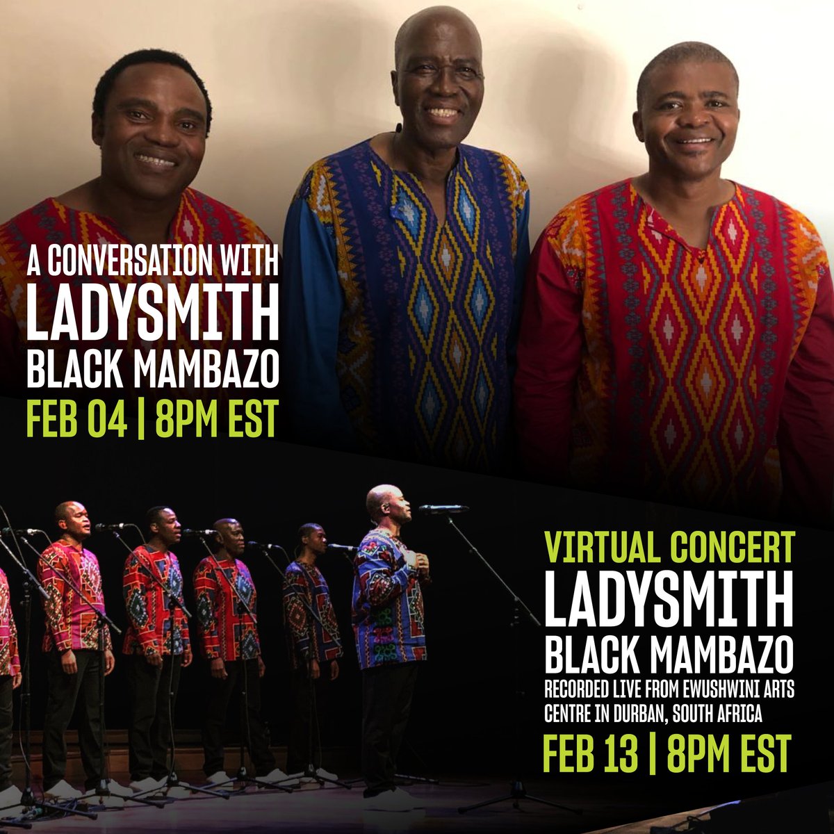 The day is finally here for our broadcast of 'A Conversation With...Ladysmith Black Mambazo'. Presented by @globalartslive . This presentation will stream tonight 02/04/2021 at 8PM EST. and is available to all completely FREE. Follow the link below globalartslive.org/content/event_…