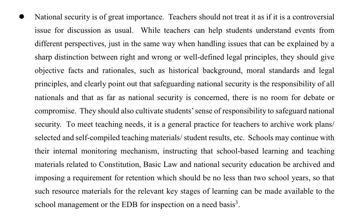  #HK In a 36-page document titled “National Security: Specific Measures for Schools”,  #HK teachers are told not to treat  #NationalSecurity as a controversial issue in discussionsIt added: “No activity should be exploited for political propaganda or making a political statement”