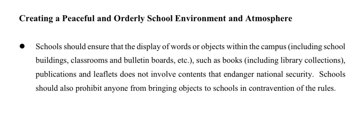  #UPDATE New guidelines on  #NationalSecurityLaw also told  #HK schools to ensure books including library collections, leaflets, as well as materials displayed in classrooms & bulletin boards “does not involve contents that endanger national security”