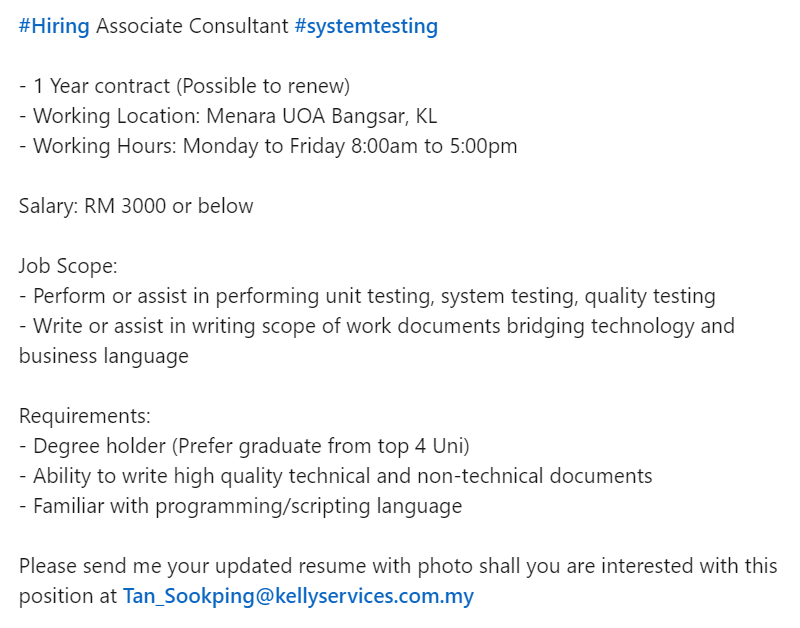 ChloeTan1226's tweet photo. Associate Consultant needed at Bangsar ‼️
Please share &amp; RT. 
Kindly send me your resume at Tan_Sookping@kellyservices.com.my 

@haikerja @indeed @twt_kerja @MauKerjaMY @jomkerjamy @Twt_IklanKerja @twt_job @kerjakosongla @ZOHL_KERJAYA

 #systemtesting #UM #UKM #Monash #Nottingham https://t.co/fpUqe97ccJ