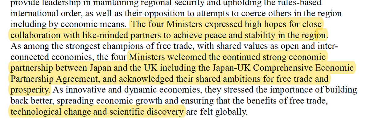 Right off the bat - para 2 - two important points to highlight: 1. Collaboration with like-minded patterns. In the ongoing debate over frameworks like Quad+, this suggests that both countries would be happy to see the UK involved;